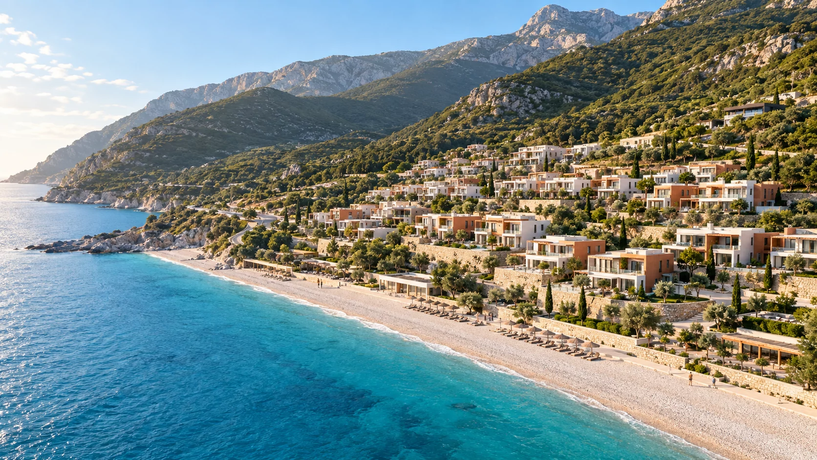 Terraced Mediterranean villas on the green Riviera hillside above a turquoise beach