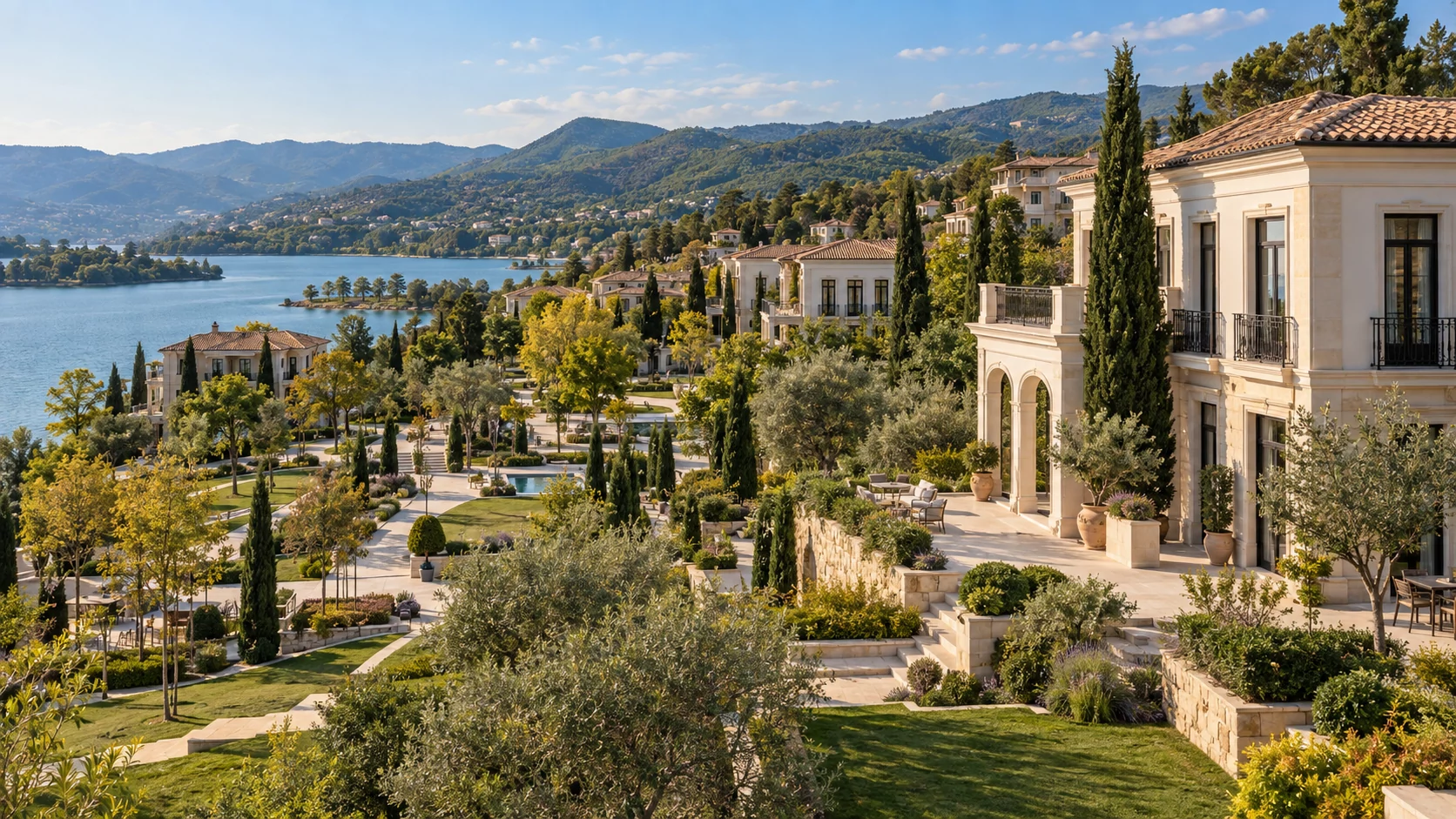 French-inspired villas within a green landscaped residential community overlooking a lake